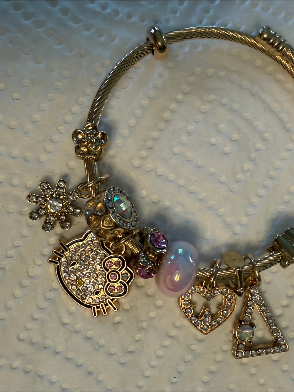 Hello Kitty Gold Charm Bracelet with Pink Opalescent Bead